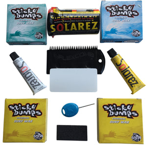 STICKY BUMPS WAX plus SOLAREZ- UV-CURE Resin, Ding Repair Kit, NOW includes A FUTURES FIN KEY, (2) Bars of Tropical Wax, Basecoat, Cool Wax and a FLEXCOMB to Clean Your Board.